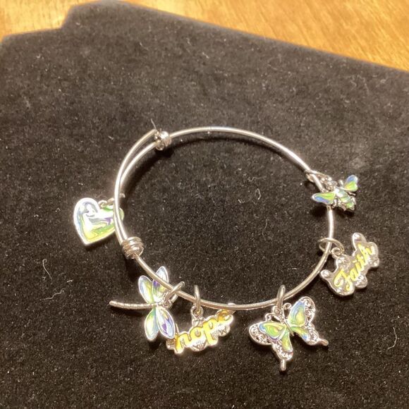 Adjustable Silvertone and Enamel Charm Bangle Bracelet - Picture 1 of 6